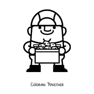 Coloring page of a man with a box of potatoes