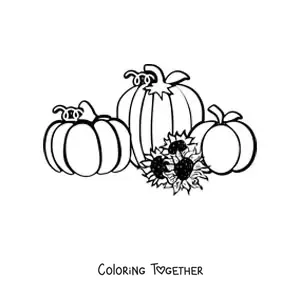 Coloring page of three pumpkins next to three sunflowers