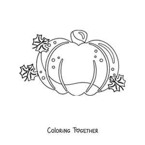 Coloring page of a pumpkin next to autumn leaves