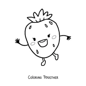 Coloring page of a cartoon kawaii strawberry waving happily