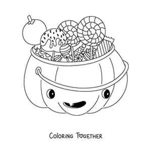 Coloring page of an animated pumpkin with candy