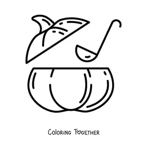 Coloring page of a ladle serving soup from inside a pumpkin