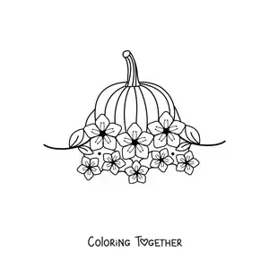 Coloring page of a pumpkin surrounded by flowers