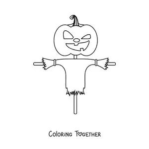 Coloring page of a scarecrow with a scary pumpkin head