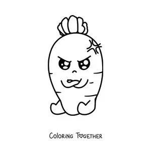 Coloring page of a kawaii animated carrot with an angry expression