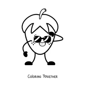 Coloring page of a cartoon strawberry smiling with sunglasses