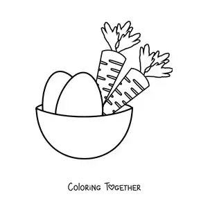 Coloring page of two carrots in a basket next to two eggs