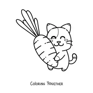 Coloring page of a kawaii animated cat hugging a carrot
