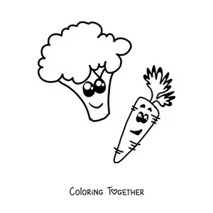 Coloring page of an animated carrot next to an animated broccoli