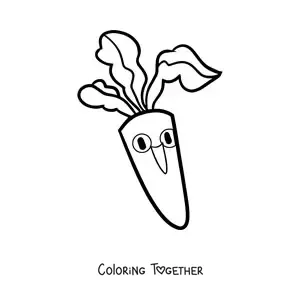 Coloring page of an animated carrot with leaves