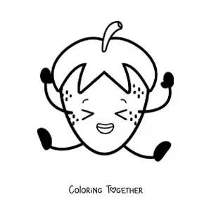 Coloring page of a cartoon strawberry jumping with its eyes closed