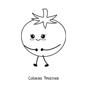 Coloring page of a shy kawaii animated tomato