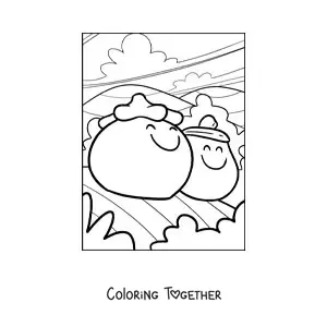 Coloring page of an animated tomato next to an animated eggplant