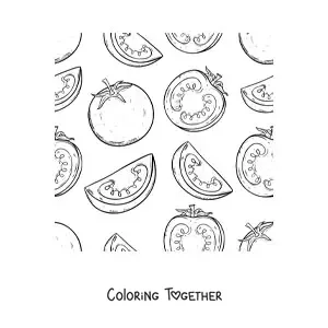 Coloring page of several tomatoes and pieces of tomato