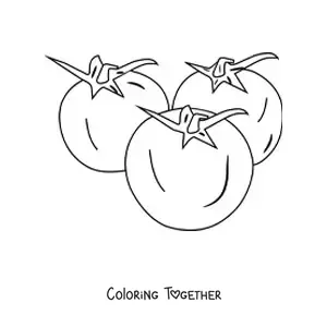 Coloring page of three small tomatoes with leaves