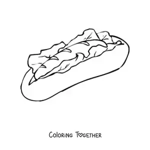 Coloring page of a hot dog with lettuce