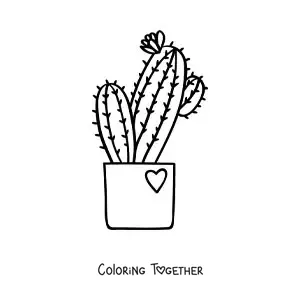 Coloring page of a cactus with a flower in a pot with a heart