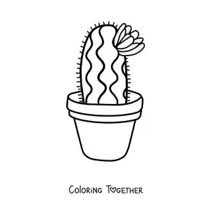 Coloring page of a cute cactus with a flower in a pot