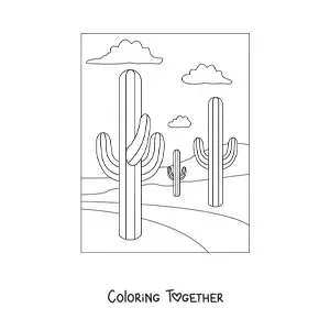 Coloring page of three cacti in the desert