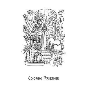 Coloring page of several cacti in pots with flowers and hearts