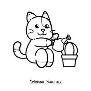 Coloring page of an animated cat watering a cactus