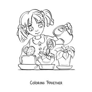Coloring page of a girl watering a cactus