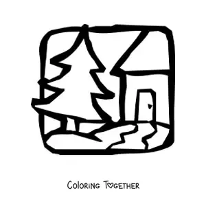 Coloring page of a house and a big pine tree