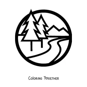 Coloring page of a mountain with a river and pine trees