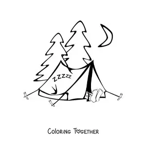 Coloring page of a camp in a pine forest