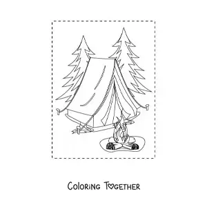 Coloring page of a tent and a bonfire in a pine forest