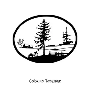 Coloring page of a landscape with pine trees