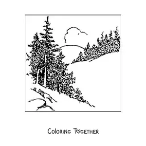 Coloring page of a landscape with realistic pine trees