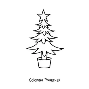Coloring page of a pine tree decorated with a star in a pot