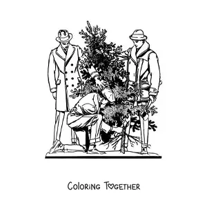 Coloring page of three men cutting down a pine tree