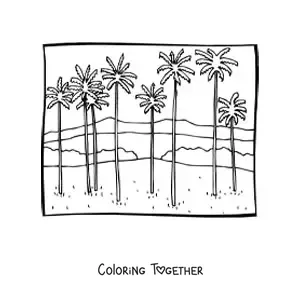 Coloring page of a landscape with mountains and palm trees