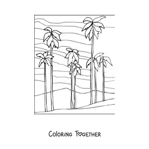 Coloring page of a desert with palm trees