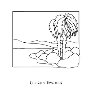 Coloring page of two palm trees in the desert