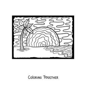 Coloring page of a sunset on the beach with a palm tree