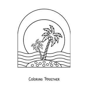 Coloring page of two palm trees on an island