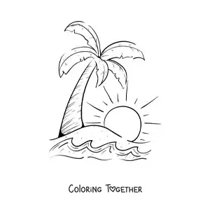 Coloring page of a palm tree and the sun on the beach