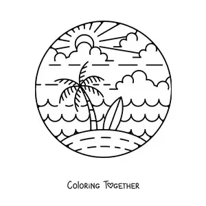 Coloring page of an island with a palm tree