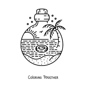 Coloring page of a bottle with a sea landscape and a palm tree