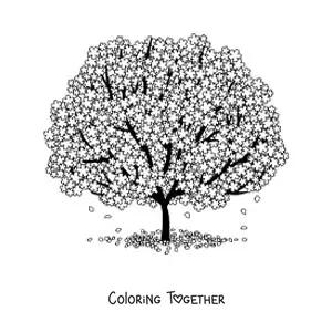 Coloring page of a cherry blossom tree in bloom