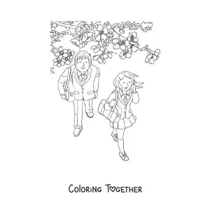 Coloring page of a girl and a boy beside a cherry tree