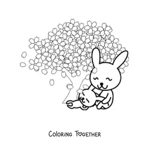 Coloring page of two cartoon rabbits beside a cherry tree