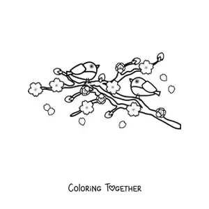 Coloring page of two birds perched in a cherry tree