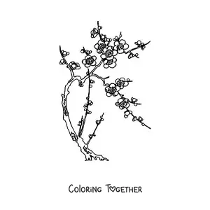 Coloring page of a cherry tree with flowers
