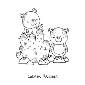 Coloring page of two cartoon bears beside a bush