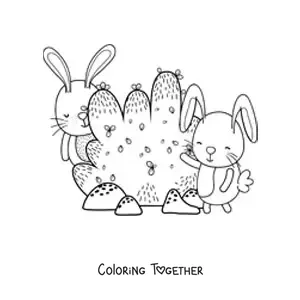 Coloring page of two cartoon rabbits beside a bush