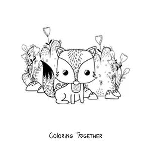 Coloring page of a bush and a cartoon fox